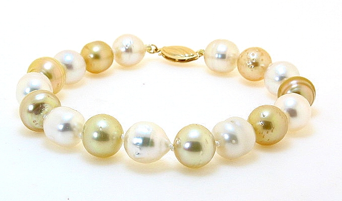 8.7MM - 9.6MM White & Gold South Sea Pearl Bracelet, 14K Clasp, 8in