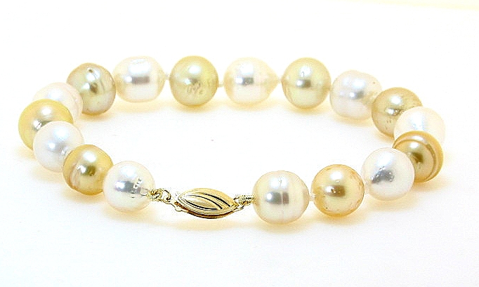 8.7MM - 9.6MM White & Gold South Sea Pearl Bracelet, 14K Clasp, 8in