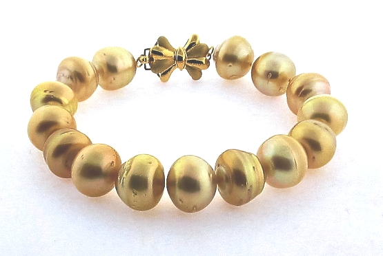 10.15MM - 11.5MM Golden South Sea Pearl Bracelet, 14K Clasp 7in