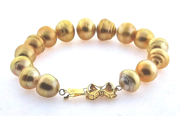 10.15MM - 11.5MM Golden South Sea Pearl Bracelet, 14K Clasp 7in