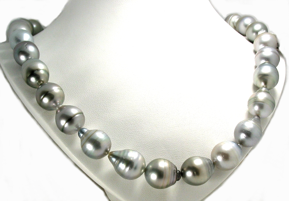 12.3X14.7MM - 14X16.7MM Silver Gray Tahitian Pearl Necklace 14K Clasp 18in