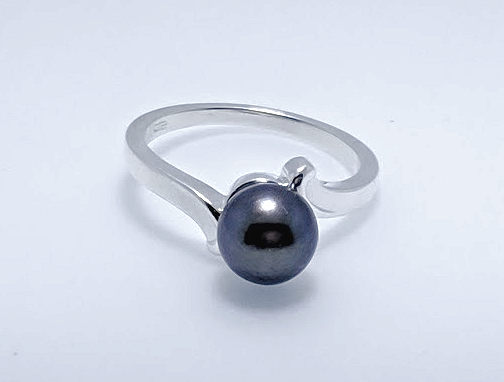 7-7.5MM Black Akoya Pearl Solitaire Ring, Sterling Silver, Size 7.2