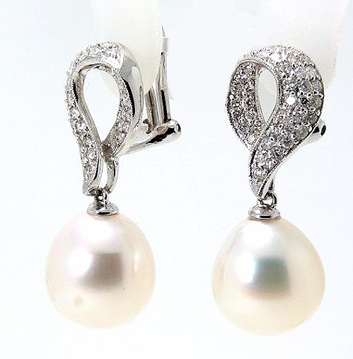 11.3X12.5MM White South Sea Pearl Diamond Omega Clip Earrings;18K Whi