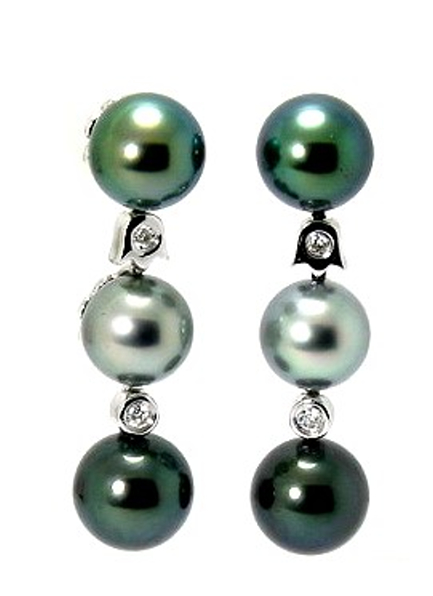 Multi Color Triple Tahitian Pearl Diamond Earrings, 18K White Gold