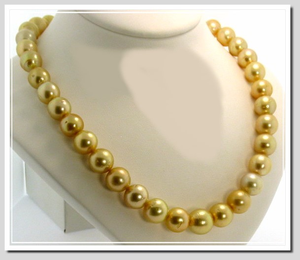 10 - 12.6MM Golden South Sea Pearl Necklace 14K Diamond Clasp 16.5in
