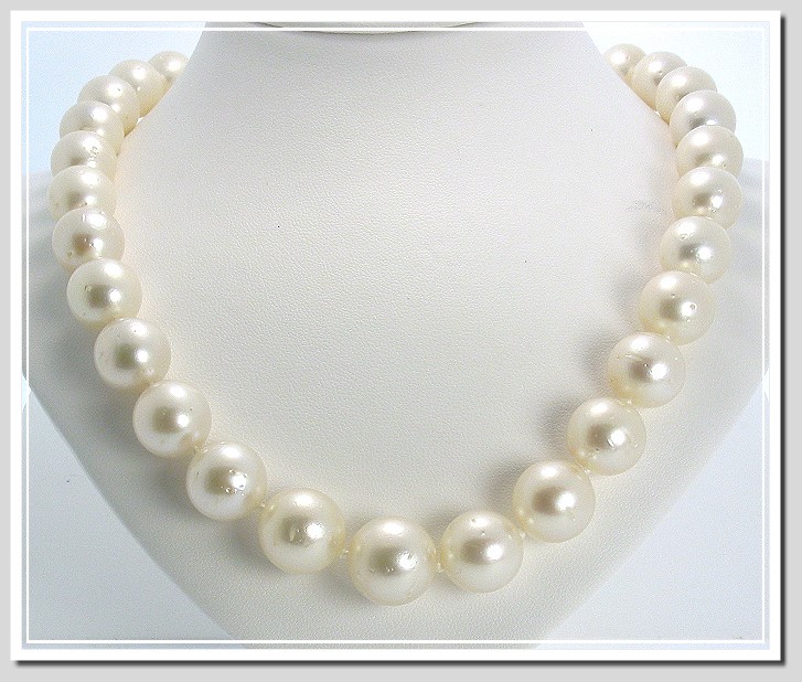 12 - 14.6MM White South Sea Pearl Necklace 14K Diamond Ball Clasp 17.