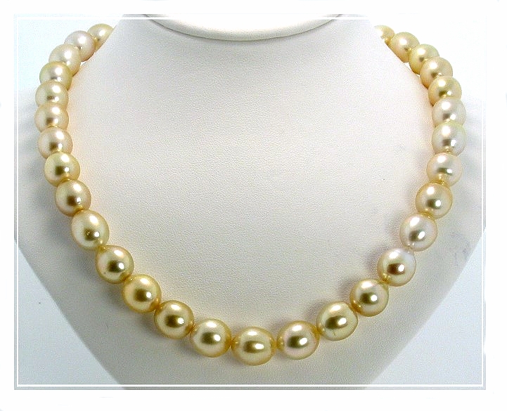 10X11MM-11X13MM Light Golden Oval South Sea Pearl Necklace 14K Diamon