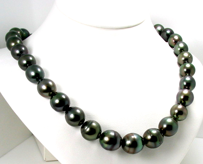 11X12MM - 14.2X16MM Gray/Green Tahitian Pearl Necklace 14K Clasp, 18i