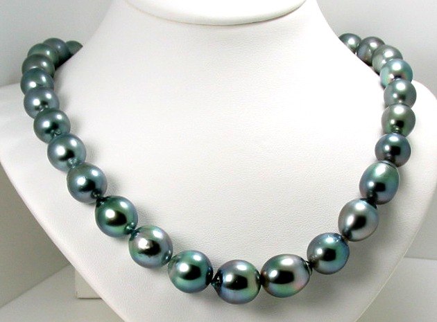 11X13MM - 14X15.5MM Gray/Blue Tahitian Pearl Necklace 14K Clasp 18in