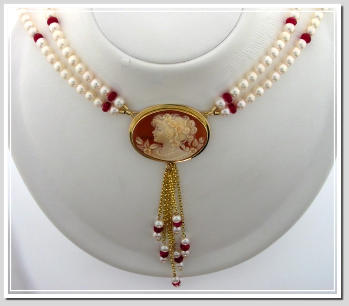 Akoya Pearl Ruby Bead Cameo Necklace 14K Gold 18in.