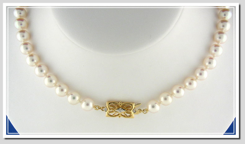 AAAA Grade 7.5-8MM White Japanese Akoya Cultured Pearl Necklace w/18K