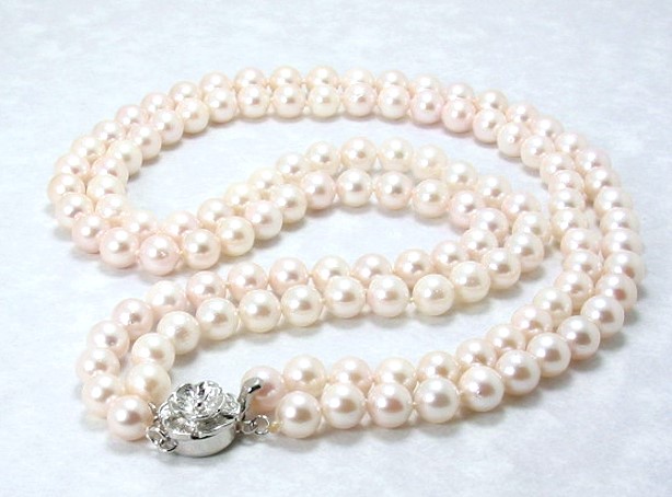 AA Double Strand White Chinese Akoya Pearl Necklace; Silver Clasp; 16